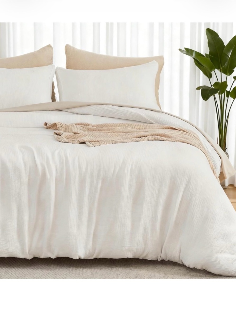 EMME Muslin Cotton Duvet Cover Set Linen Like Cream White Queen